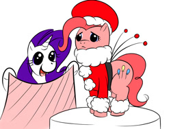 Size: 800x600 | Tagged: safe, artist:kloudmutt, derpibooru import, pinkie pie, rarity, earth pony, pony, christmas, clothes, costume, duo, duo female, female, holiday, mare, open mouth, open smile, podium, santa costume, simple background, smiling, white background