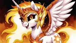 Size: 2560x1440 | Tagged: safe, ai content, derpibooru import, machine learning generated, daybreaker, alicorn, pony, g4, fangs, female, fiery mane, fiery tail, generator:autismmix confetti, looking at you, mare, one wing out, open mouth, prompter:siber, solo, wallpaper, wings