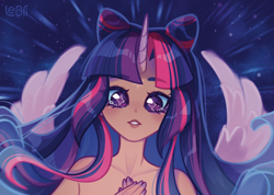 Size: 2528x1795 | Tagged: safe, artist:lenori, derpibooru import, twilight sparkle, twilight sparkle (alicorn), alicorn, human, hybrid, g4, bare shoulders, digital art, female, humanized, illustration, solo, stars