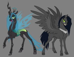 Size: 2600x2000 | Tagged: safe, artist:dementra369, derpibooru import, queen chrysalis, oc, oc:ruby drop, changeling, changeling queen, pegasus, pony, concave belly, pegasus oc, physique difference, slender, thin