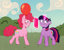 Size: 2284x1788 | Tagged: safe, artist:bitchin91, derpibooru import, pinkie pie, twilight sparkle, unicorn twilight, earth pony, pony, unicorn, balloon, blushing, book, bush, cloud, duo, duo female, female, filly, filly pinkie pie, filly twilight sparkle, foal, glowing, glowing horn, grass, horn, lesbian, magic, mouth hold, shipping, twinkie, younger