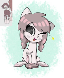 Size: 1400x1700 | Tagged: safe, artist:scandianon, derpibooru import, oc, oc only, oc:velveteen, earth pony, pony, blushing, female, filly, foal, looking at you, one eye closed, open mouth, open smile, raised hoof, raised leg, sitting, smiling, wink, winking at you