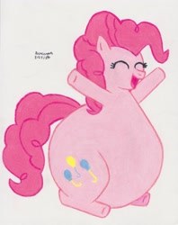 Size: 2535x3199 | Tagged: safe, artist:drchrisman, derpibooru import, pinkie pie, earth pony, pony, belly, big belly, bottom heavy, colored pencil drawing, eyes closed, fat, morbidly obese, obese, open mouth, open smile, piggy pie, pudgy pie, smiling, solo, traditional art