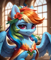 Size: 3224x3760 | Tagged: safe, ai content, derpibooru import, generator:pony diffusion v6 xl, generator:stable diffusion, machine learning generated, rainbow dash, pegasus, pony, g4, clothes, dress, ear fluff, ears, female, looking at you, mare, prompter:midnight dashie, smiling, smiling at you, solo, spread wings, wings