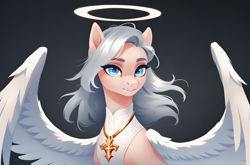 Size: 2044x1349 | Tagged: safe, ai content, derpibooru import, generator:pony diffusion v6 xl, generator:stable diffusion, machine learning generated, oc, angel, pony, anonymous prompter, crest, halo, lacrimal caruncle, looking at you, silver mane, simple background
