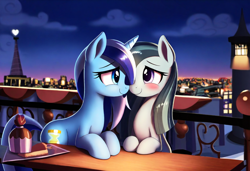Size: 1216x832 | Tagged: safe, ai content, derpibooru import, generator:novelai, generator:stable diffusion, machine learning generated, marble pie, minuette, earth pony, pony, unicorn, g4, anonymous prompter, blushing, boop, city, cityscape, cloud, crack shipping, date, dessert, detailed background, duo, duo female, eye contact, female, food, hooves on the table, horn, lesbian, looking at each other, looking at someone, looking into each others eyes, mare, night, noseboop, outdoors, romantic, ship:marblegate, shipping, sky, smiling, smiling at each other, table, tail