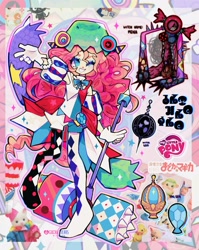 Size: 1627x2048 | Tagged: safe, artist:gochiitears, derpibooru import, part of a set, pinkie pie, human, g4, abstract background, blue bow, blue eyes, blue eyeshadow, calico critters, cat plush, chococat, clothes, clown, collage, colored, colored eyebrows, colored eyelashes, crossover, curly hair, cutie mark on clothes, detailed, eyelashes, eyeshadow, female, gloves, hammer, harlequin, humanized, japanese, jester outfit, leggings, leotard, light skin, logo, long hair, magical girl, makeup, monster, my little pony logo, neck bow, no catchlights, no pupils, one eye closed, pink hair, plushie, puella magi madoka magica, purple eyelashes, raised arm, raised leg, ruffles, sanrio, signature, smiling, solo, soul gem, sparkles, standing, stars, sticker, teeth, wall of tags, weapon, white gloves, wink, witch, witch seed, zoom layer
