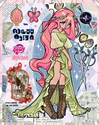 Size: 1627x2048 | Tagged: safe, artist:gochiitears, derpibooru import, part of a set, fluttershy, human, g4, abstract background, bird cage, blue eyes, boots, clothes, collage, colored, cutie mark on clothes, detailed, dress, floral head wreath, flower, frown, gown, green dress, high heel boots, humanized, japanese, leather, leather boots, legs together, lidded eyes, light skin, logo, long dress, long hair, magical girl, monster, my little pony logo, no catchlights, no pupils, pink hair, puella magi madoka magica, scissors, see-through sleeves, shiny hair, shoes, signature, slender, solo, soul gem, sparkles, sparkly hair, standing, stars, tallershy, teal eyes, text, thin, wavy hair, weapon, witch, witch seed, zoom layer