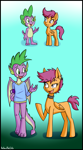 Size: 1810x3269 | Tagged: safe, artist:anibaruthecat, derpibooru import, scootaloo, spike, dragon, pegasus, pony, g4, age progression, book, choker, clothes, colored, colored background, dragon wings, ear piercing, eyelashes, female, filly, foal, folded wings, looking at each other, looking at someone, male, older, older scootaloo, older spike, open mouth, pegasus wings, piercing, ship:scootaspike, shipping, simple background, spiked choker, straight, sweater, talking, teenage scootaloo, teenage spike, teenaged dragon, teenager, wings