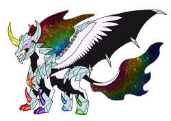 Size: 1414x1000 | Tagged: safe, artist:zetikoopa, derpibooru import, oc, oc only, oc:rainbow of infinity, dragon, horse, hybrid, concave belly, crystal, ethereal mane, ethereal tail, galaxy mane, galaxy tail, large wings, simple background, solo, tail, transparent background, wings