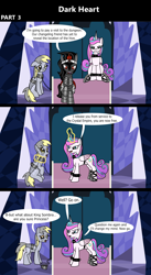 Size: 1920x3516 | Tagged: safe, artist:platinumdrop, derpibooru import, derpy hooves, king sombra, princess flurry heart, alicorn, pegasus, pony, unicorn, comic:dark heart, g4, 3 panel comic, abuse, alternate timeline, armor, bound wings, chains, collar, comic, commission, confused, crystal, crystal castle, crystal empire, dark crystal, derpybuse, dialogue, evil flurry heart, female, folded wings, glowing, glowing horn, horn, husband and wife, indoors, looking at each other, looking at someone, magic, magic aura, male, mare, married couple, older, older derpy hooves, older flurry heart, raised hoof, raised leg, sad, ship:flurrybra, shipping, slave, slave collar, smiling, smug, smug smile, speech bubble, spiked collar, spiked wristband, stallion, straight, this will not end well, throne, throne room, up to no good, victorious villain, walking, wall of tags, wing cuffs, wings, wristband