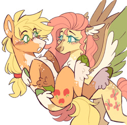 Size: 968x947 | Tagged: safe, artist:wanderingpegasus, derpibooru import, applejack, fluttershy, pegasus, pony, g4, alternate design, appleshy, blaze (coat marking), blushing, coat markings, colored ears, colored eyelashes, colored wings, duo, duo female, facial markings, female, hairband, holding, lesbian, looking at each other, looking at someone, mare, pale belly, shipping, simple background, smiling, unshorn fetlocks, white background, white pupils, wings