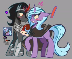 Size: 2048x1698 | Tagged: safe, artist:billtism, derpibooru import, idw, king sombra, radiant hope, pony, unicorn, g4, armor, blushing, cape, clothes, exclamation point, female, gameloft, gray background, heart, horn, idw showified, looking at each other, looking at someone, male, ship:hopebra, shipping, simple background, straight