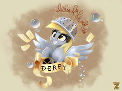 Size: 2400x1800 | Tagged: safe, artist:darksly, derpibooru import, derpy hooves, pegasus, pony, banner, bubble, colander, commission, cute, derpabetes, female, grin, letter, mare, smiling, solo, spread wings, tattoo, wings