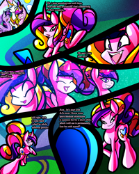 Size: 2400x3000 | Tagged: safe, artist:keytee-chan, derpibooru import, princess cadance, princess celestia, twilight sparkle, twilight sparkle (alicorn), alicorn, pony, unicorn, comic:great big fusion 4: mother of all, ^^, age regression, comic, eyes closed, female, glowing, glowing horn, grave, grin, horn, implied applejack, implied pear butter, lidded eyes, lipstick, lonely, magic, mare, open mouth, open smile, sad, smiling, sun, trio, young cadance, younger