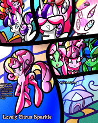 Size: 2400x3000 | Tagged: safe, artist:keytee-chan, derpibooru import, pear butter, princess cadance, twilight velvet, oc, oc:lovely citrus sparkle, oc:lovely pear, earth pony, pony, unicorn, comic:great big fusion 4: mother of all, anime sweat drop, book, comic, covering, covering eyes, embarrassed, female, fusion, fusion:pear butter, fusion:princess cadance, fusion:twilight velvet, grin, guess who, hoof over mouth, horn, implied rarity, library, mare, rarity's house, reading, shhh, smiling, sweat, sweatdrop, transformation, unnamed oc