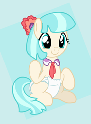 Size: 800x1080 | Tagged: safe, derpibooru import, coco pommel, earth pony, pony, g4, abdl, base used, diaper, female, mare, sitting, smiling, solo