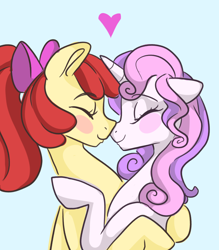 Size: 1794x2048 | Tagged: source needed, safe, artist:smirk, derpibooru import, apple bloom, sweetie belle, earth pony, unicorn, g4, adorabloom, cute, diasweetes, duo, duo female, female, horn, hug, lesbian, mare, nose to nose, older, older apple bloom, older sweetie belle, ship:sweetiebloom, shipping, simple background
