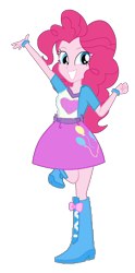 Size: 840x1690 | Tagged: safe, artist:qbert2kcat, derpibooru import, pinkie pie, human, equestria girls, g4, arms, arms in the air, boots, bow, bracelet, breasts, bust, clothes, fingers, grin, hand, hands in the air, happy, high heel boots, jewelry, legs, long hair, opem mouth, open mouth, open smile, raised leg, shirt, shoes, short sleeves, simple background, skirt, smiling, standing, standing on one leg, teenager, teeth, transparent background, vest