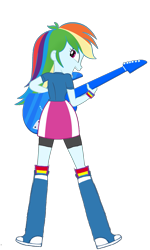 Size: 985x1639 | Tagged: safe, artist:qbert2kcat, derpibooru import, rainbow dash, human, equestria girls, g4, arms, boots, clothes, electric guitar, female, fingers, guitar, hand, happy, high heel boots, holding, legs, long hair, musical instrument, open mouth, open smile, playing, rear view, shirt, short sleeves, simple background, skirt, smiling, socks, standing, t-shirt, teenager, teeth, transparent background, wristband