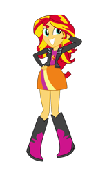 Size: 920x1823 | Tagged: safe, artist:qbert2kcat, derpibooru import, sunset shimmer, human, equestria girls, g4, arms, boots, breasts, bust, clothes, female, fingers, grin, hand, hand behind head, hand on hip, happy, high heel boots, jacket, leather jacket, legs, long hair, long sleeves, open mouth, open smile, pose, simple background, skirt, smiling, teenager, teeth, top, transparent background