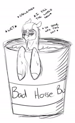 Size: 1174x1920 | Tagged: safe, artist:asklevee, derpibooru import, oc, oc:levee, pony, bad horse, bucket, male, monochrome, solo, stallion, vulgar