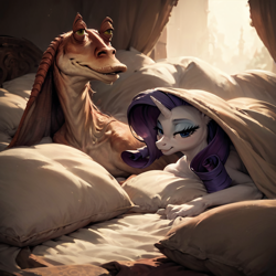 Size: 1024x1024 | Tagged: safe, ai content, derpibooru import, machine learning generated, rarity, anthro, unicorn, g4, bed, bed sheets, crossover, crossover shipping, cursed image, duo, duo male and female, female, forbidden love, horn, implied interspecies, jar jar binks, looking at you, male, pillow, shipping, smiling, smiling at you, star wars