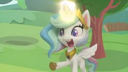 Size: 1920x1080 | Tagged: safe, derpibooru import, edit, edited screencap, screencap, princess celestia, alicorn, pony, g4, g4.5, my little pony: stop motion short, the great race (short), cute, ponyville, smiling, solo