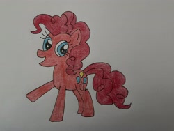 Size: 4032x3024 | Tagged: safe, artist:madisondraws32, derpibooru import, pinkie pie, earth pony, pony, g4, colored pencil drawing, cute, diapinkes, female, mare, official, open mouth, open smile, raised leg, simple background, smiling, solo, traditional art, white background