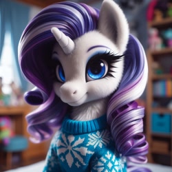 Size: 1024x1024 | Tagged: safe, ai content, machine learning generated, rarity, pony, unicorn, bing, bust, clothes, female, fluffy, indoors, mare, solo, sweater, three quarter view