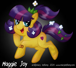 Size: 718x642 | Tagged: safe, artist:marybellamy, earth pony, pony, g4, bandaid, female, flower, flower in hair, head turn, heart, leaf, looking at you, maggie joy, mare, open mouth, open smile, side view, smiling, smiling at you, solo