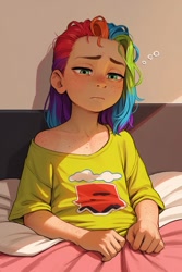 Size: 683x1024 | Tagged: safe, ai content, machine learning generated, rainbow dash, human, bed, bedroom, child, clothes, female, freckles, humanized, prompter needed, shirt, solo, tired, younger