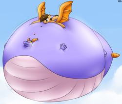 Size: 3344x2844 | Tagged: safe, artist:the-furry-railfan, derpibooru import, oc, oc:bobby seas, dragon, pony, unicorn, cloud, cloudy, disney, epcot, figment, floating, horn, inflated tail, inflated wings, inflation, puffy cheeks, snuggling, tail, wings