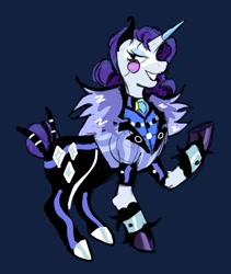 Size: 946x1123 | Tagged: safe, artist:justvoidsdumbstuff1, derpibooru import, rarity, pony, unicorn, g4, alternate design, alternate hairstyle, alternate tailstyle, blue background, clothes, coat, colored hooves, colored sketch, cutie mark on clothes, eyelashes, eyeshadow, female, hair bun, horn, horn cap, jacket, lidded eyes, looking back, makeup, mare, monocle, navy background, pants, profile, purple mane, purple tail, raised hoof, raised leg, redesign, shiny hooves, simple background, sketch, smiling, solo, standing, tail, tail bun, tied mane, tied tail, unshorn fetlocks, white coat