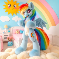 Size: 1024x1024 | Tagged: source needed, safe, ai content, derpibooru import, generator:bing image creator, generator:dall-e 3, machine learning generated, rainbow dash, pegasus, g4, bed, bedroom, cute, dashabetes, prompter needed, solo, sun