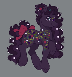 Size: 1928x2048 | Tagged: safe, artist:cocopudu, derpibooru import, oc, oc only, earth pony, pony, g2, art trade, black coat, black mane, black tail, blue eyes, bow, coat markings, curly hair, curly mane, curly tail, design trade, earth pony oc, ethereal mane, eyebrows, eyebrows visible through hair, eyelashes, female, flower, flower in hair, flower in tail, freckles, g2 oc, gray background, hair bow, hair bun, hairclip, hoof on chest, long mane, long tail, looking back, mare, messy mane, oc name needed, profile, raised hoof, raised leg, simple background, smiling, solo, standing, starry eyes, starry mane, tail, tail bow, tied mane, two toned mane, two toned tail, unshorn fetlocks, wingding eyes