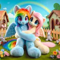 Size: 1024x1024 | Tagged: source needed, safe, ai content, derpibooru import, generator:bing image creator, generator:dall-e 3, machine learning generated, fluttershy, rainbow dash, pegasus, g4, cute, dashabetes, duo, duo female, female, fence, flower, house, hug, prompter needed, rainbow, shyabetes