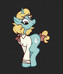 Size: 1062x1254 | Tagged: safe, artist:chipchapp, derpibooru import, oc, oc only, oc:kit kat, pony, unicorn, big eyes, blonde, blonde mane, blonde tail, brown eyes, button-up shirt, clothes, curly hair, curly mane, curly tail, dress shirt, female, freckles, horn, looking down, mare, patterned background, ponysona, shirt, smiling, solo, standing, tail, tail bun, teal coat, tied tail, unicorn horn, unicorn oc, wingding eyes