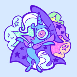 Size: 2048x2048 | Tagged: safe, artist:janegumball, derpibooru import, trixie, pony, unicorn, g4, big head, bipedal, blue background, blue coat, blue mane, blue sclera, blue tail, cape, chibi, clothes, colored sclera, enamel pin, eyelashes, female, hat, high res, horn, long mane, long tail, mare, narrowed eyes, open mouth, open smile, pin design, purple eyes, raised hooves, simple background, smiling, solo, sparkles, stars, tail, tongue, tongue out, trixie's cape, trixie's hat, two toned mane, two toned tail, unicorn horn, wide eyes