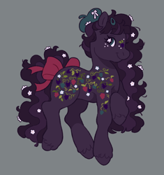 Size: 1928x2048 | Tagged: safe, alternate version, artist:cocopudu, derpibooru import, oc, oc only, earth pony, pony, g2, beret, bow, ethereal mane, female, flower, flower in hair, flower in tail, freckles, gray background, hairclip, hat, hoof on chest, mare, simple background, smiling, solo, starry mane, tail, tail bow, unshorn fetlocks