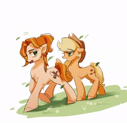 Size: 2034x1968 | Tagged: safe, artist:renjia254, derpibooru import, applejack, earth pony, pony, g4, crossover, female, grass, mare, open mouth, ponified, robin (stardew valley), simple background, species swap, stardew valley, white background