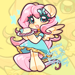 Size: 1500x1500 | Tagged: safe, artist:xinjinjumin861086036297, derpibooru import, fluttershy, pegasus, semi-anthro, g4, abstract background, cake, clothes, dress, female, food, mare, open mouth, plate, smiling, standing