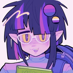 Size: 1920x1920 | Tagged: safe, artist:toycasino, derpibooru import, twilight sparkle, equestria girls, g4, :3, alternate eye color, alternate hairstyle, backpack, bisexual pride flag, blush scribble, blushing, book, braces, bust, clothes, colored mouth, colored sclera, elf ears, fangs, female, freckles, glasses, heart, heart eyes, light skin, messy hair, multicolored hair, nonbinary pride flag, open mouth, open smile, pink background, pins, pride, pride flag, purple eyes, purple skin, redesign, shiny hair, simple background, smiling, solo, striped sweater, sweater, thick eyebrows, turtleneck, turtleneck sweater, wingding eyes, yellow sclera