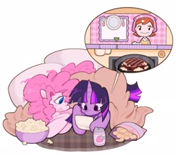 Size: 2048x1806 | Tagged: safe, artist:toycasino, derpibooru import, pinkie pie, twilight sparkle, unicorn twilight, earth pony, pony, unicorn, g4, 3ds, blue eyes, blushing, can, chips, cooking mama, curly hair, curly mane, curly tail, cute, diapinkes, drink, duo, duo female, eyelashes, female, food, gaming, holding, hoof hold, horn, lesbian, long mane, long tail, looking at someone, looking at something, lying down, mare, meat, multicolored mane, multicolored tail, nintendo ds, no catchlights, open mouth, open smile, pink mane, pink tail, playing video games, popcorn, potato chips, prone, purple coat, shipping, simple background, smiling, soda, soda can, steak, straight mane, straight tail, tail, twiabetes, twinkie, under blanket, unicorn horn, white background