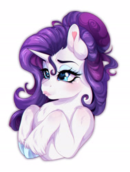 Size: 2060x2729 | Tagged: safe, artist:zugellywolf, derpibooru import, rarity, pony, unicorn, g4, alternate hairstyle, blushing, bust, female, hooves to the chest, horn, mare, pouty lips, shoulder blush, simple background, solo, unshorn fetlocks, white background