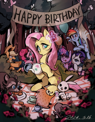 Size: 1284x1647 | Tagged: safe, artist:renjia254, derpibooru import, angel bunny, applejack, fluttershy, pinkie pie, rainbow dash, rarity, twilight sparkle, earth pony, hedgehog, pegasus, pony, raccoon, unicorn, g4, balloon, bush, cookie, cup, eating, female, flower, food, forest, happy birthday, horn, magic, mane six, mare, nature, picnic blanket, plate, present, tea party, teacup, teapot, this will not end well, tree