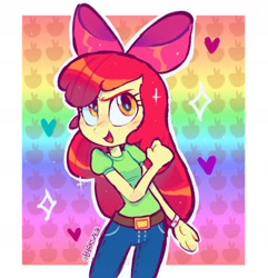 Size: 1585x1645 | Tagged: safe, artist:b4rkzal0t, derpibooru import, apple bloom, human, equestria girls, g4, adorabloom, belt, blushing, bracelet, clenched fist, clothes, cute, denim, determined, freckles, gradient background, heart, jeans, jewelry, looking at you, open mouth, pants, patterned background, rainbow background, shirt, solo, sparkles, t-shirt