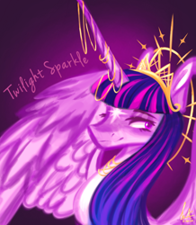 Size: 1484x1698 | Tagged: safe, artist:lunaalmond, derpibooru import, twilight sparkle, twilight sparkle (alicorn), alicorn, pony, g4, bust, coat markings, crown, facial markings, female, horn, horn jewelry, jewelry, lidded eyes, long horn, mare, name, regalia, smiling, solo, star (coat marking)