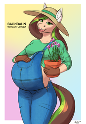 Size: 2610x3751 | Tagged: safe, artist:zendrid, derpibooru import, oc, oc only, oc:verdant ardea, anthro, earth pony, belly, big belly, breasts, busty oc, clothes, eyebrows, eyebrows visible through hair, female, flower, gloves, gradient background, hand on belly, hat, looking at you, mare, open mouth, open smile, overalls, potted plant, pregnant, smiling, smiling at you, solo, sun hat, text