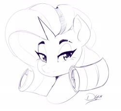 Size: 2600x2366 | Tagged: safe, artist:thelunarmoon, derpibooru import, rarity, pony, unicorn, g4, female, grayscale, horn, lidded eyes, looking at you, mare, monochrome, signature, simple background, solo, white background